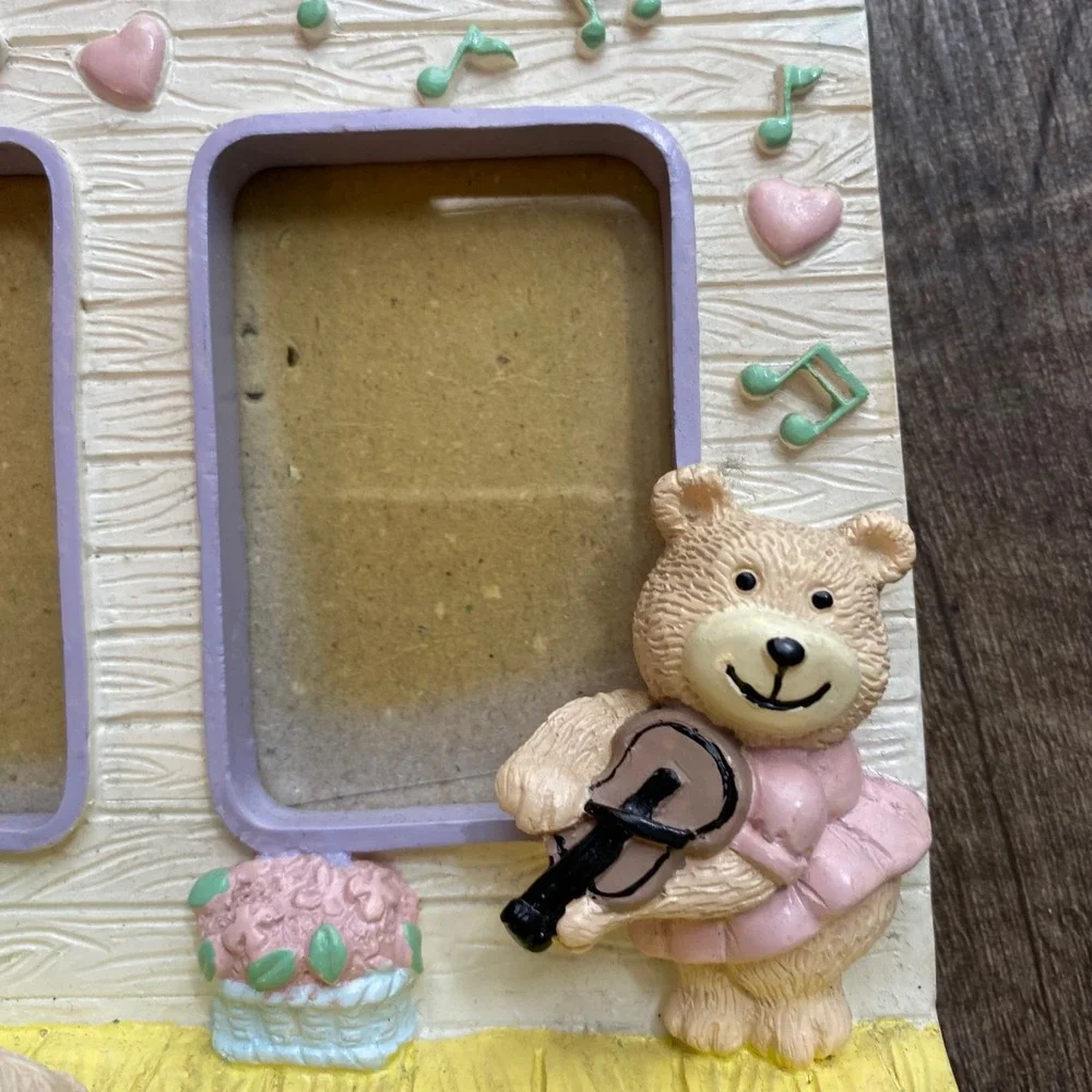 Vintage Style Teddy Bear Resin Double Photo Frame Music Theme Pastel, Cat